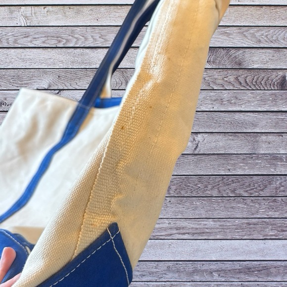 Vintage LL Bean Canvas Boat and Tote Bag Blue/cream EH Zip Top 90's - Picture 8 of 13